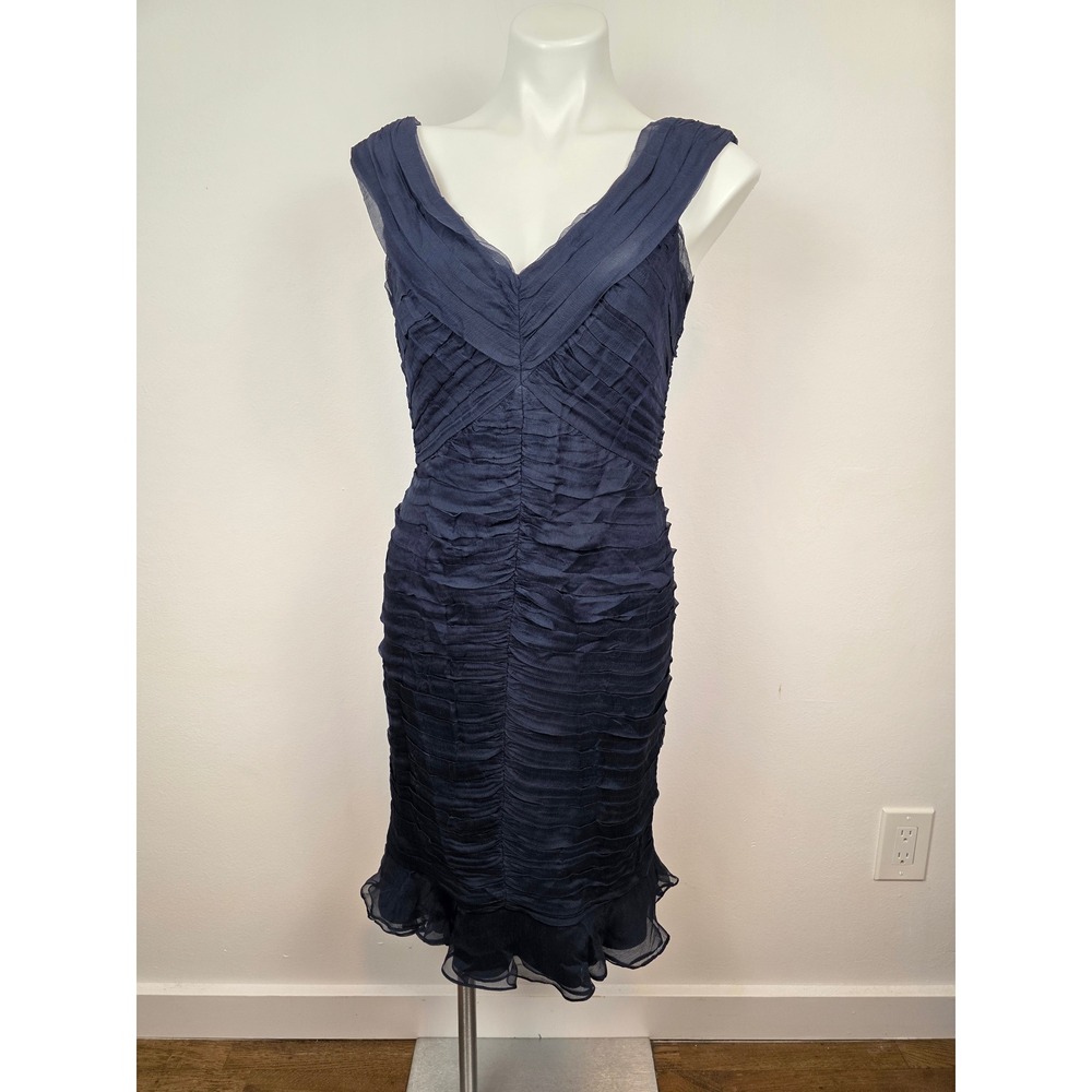Tadashi Collection‎ Navy Blue Ruched Sheath 100% Silk Dress Cocktail Party 10